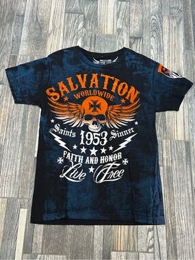 👁️ Y2K Raw State Salvation Worldwide Skull Wing Graphic T-Shirt Acid Wash Medium